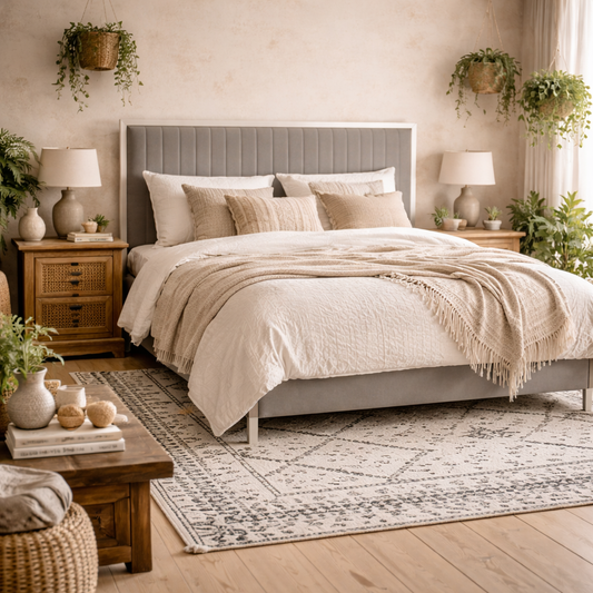 A cozy bedroom featuring the Killarney Mink Upholstered 5ft King Size Bed with Tall Ribbed Headboard in grey, wooden nightstands with lamps, potted plants, and a patterned rug on hardwood floors creates a warm, inviting ambiance.