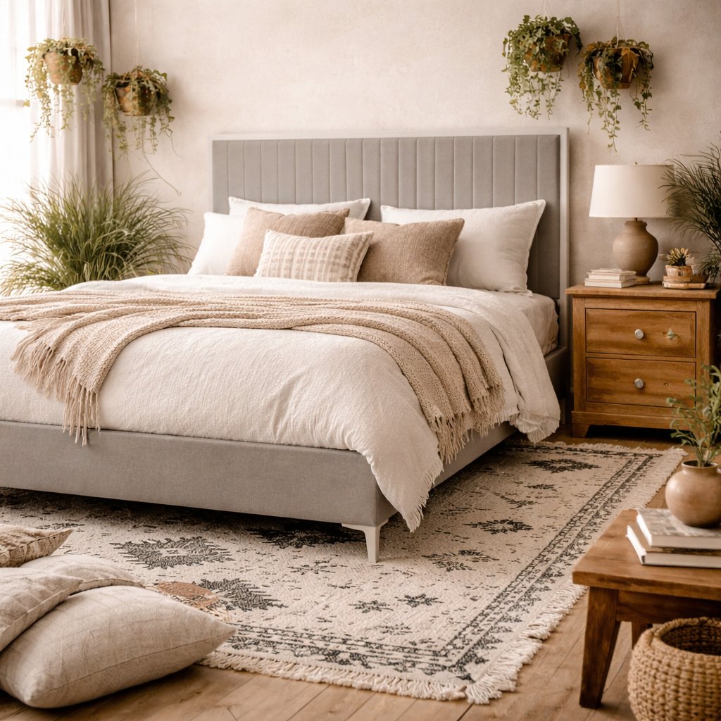 A cozy modern bedroom with the Killarney Mink Upholstered 4ft6 Double Bed with Tall Ribbed Headboard, beige bedding, and throw pillows. Wooden nightstands, lamps, hanging plants, and a patterned rug complete the look.