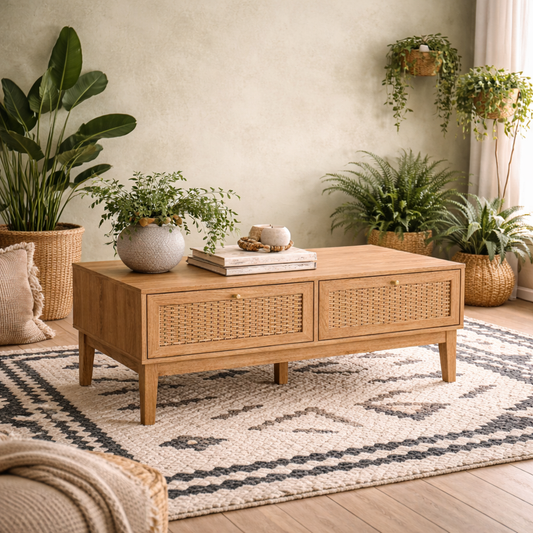 Waterford Oak Wood and Rattan Coffee Table 2 Doors