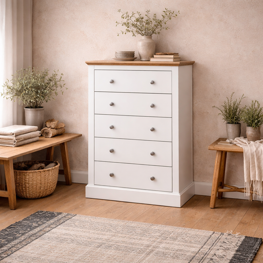 Ardee White and Natural Oak Wooden 5 Drawer Storage Chest