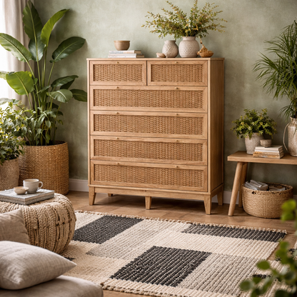 Waterford Oak and Rattan Chest Of 6 Drawers