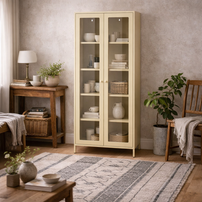 Barla Beige Cream Steel Metal Display Cabinet 2 Glass Doors