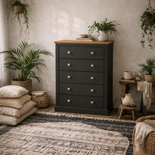 Ardee Dark Grey and Natural Oak Wooden 5 Drawer Storage Chest
