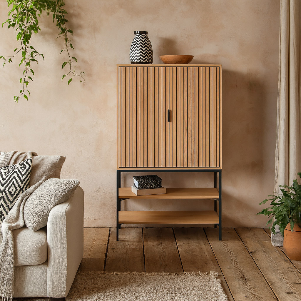 Jaipur Cabinet 2 Doors 3 Shelves With Oak Lamella Front