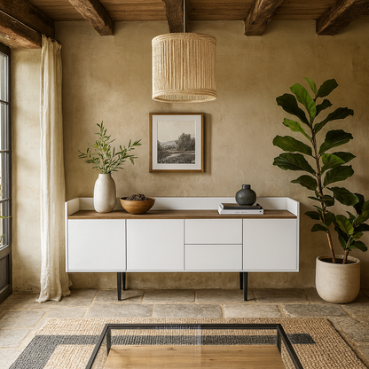 Kuala White and Natural Walnut Wood Retro Sideboard 2 Drawers 3 Doors