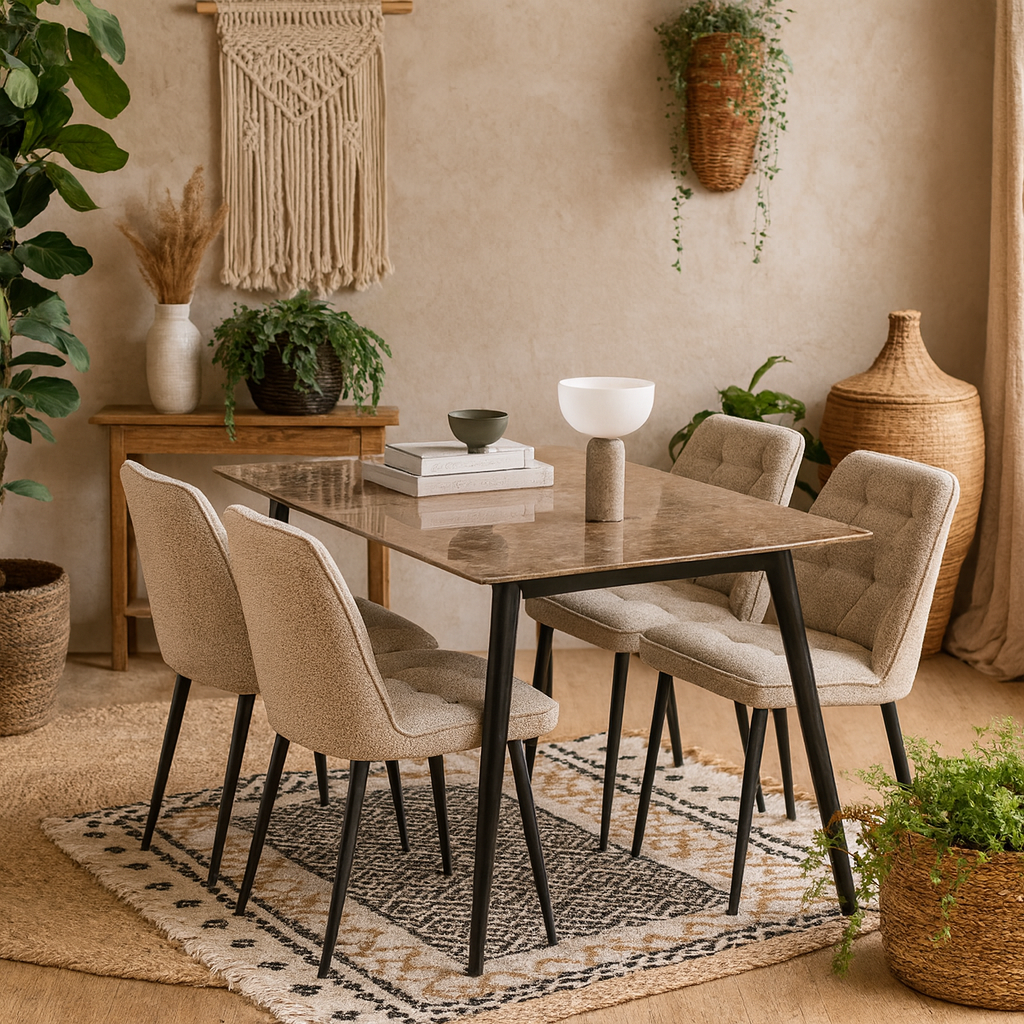 Belfast Grey Ceramic Dining Table with 4 Upholstered Cream Chairs