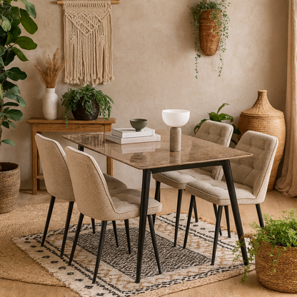 Belfast Grey Ceramic Dining Table with 4 Upholstered Cream Chairs