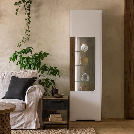 Porto Tall Gloss White Display Cabinet Oak Detail 1 Door and 4 Shelves with Light