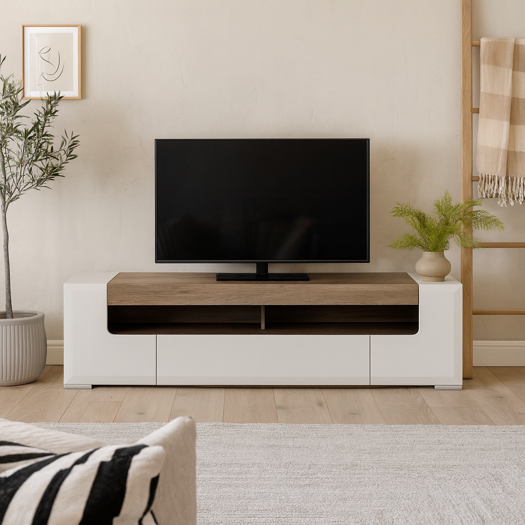 Porto Wide Gloss White TV Cabinet with Oak Detail 2 Doors and 2 Drawers
