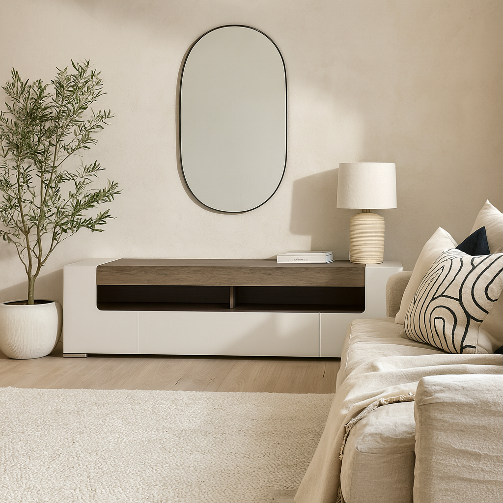 Porto Wide Gloss White TV Cabinet with Oak Detail 2 Doors and 2 Drawers