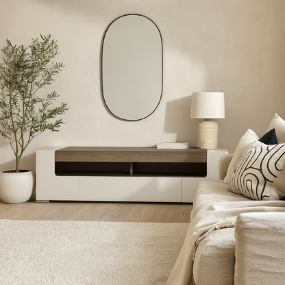 Porto Wide Gloss White TV Cabinet with Oak Detail 2 Doors and 2 Drawers