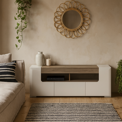 Porto 140cm Gloss White TV Cabinet with Oak Detail 2 Doors and 1 Drawer