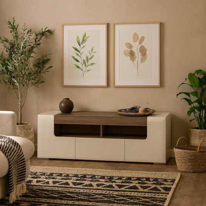 Porto 140cm Gloss White TV Cabinet with Oak Detail 2 Doors and 1 Drawer