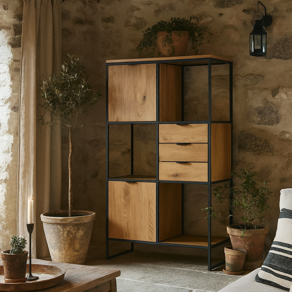 Bologna Black Steel and Wild Oak Bookcase 2 Doors 3 Drawers 3 Open Shelves