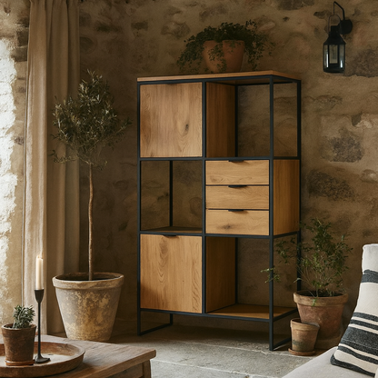 Bologna Black Steel and Wild Oak Bookcase 2 Doors 3 Drawers 3 Open Shelves