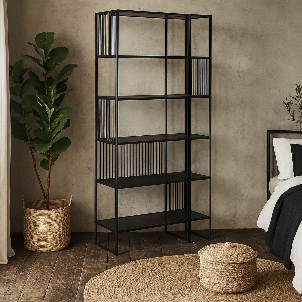 Porto Tall Modern Organic Black Metal Shelving Unit Stone Effect Shelves