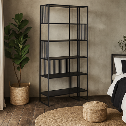 Porto Tall Modern Organic Black Metal Shelving Unit Stone Effect Shelves