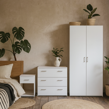 Berlin White Bedroom Furniture Set with Bedside Chest of Drawers and Wardrobe