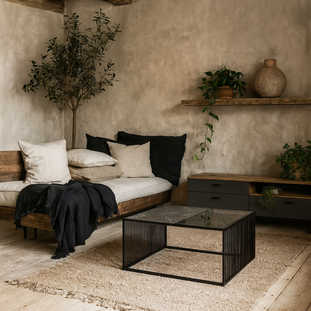 Porto Black Metal Organic Square Coffee Table with Glass and Stone Effect Top