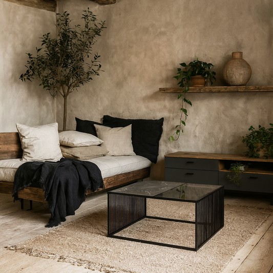 Porto Black Metal Organic Square Coffee Table with Glass and Stone Effect Top
