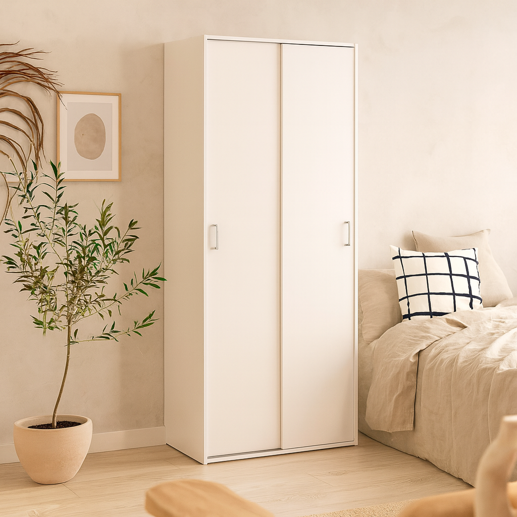 Munich White Wooden Sliding Door Wardrobe 2 Doors 3 Shelves