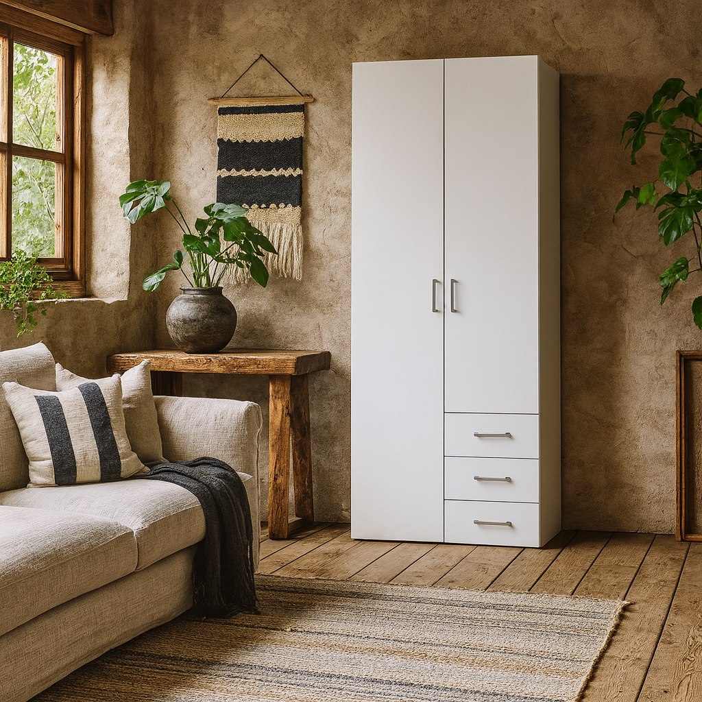 Munich White Wooden 2 Doors 3 Drawers 4 Shelves
