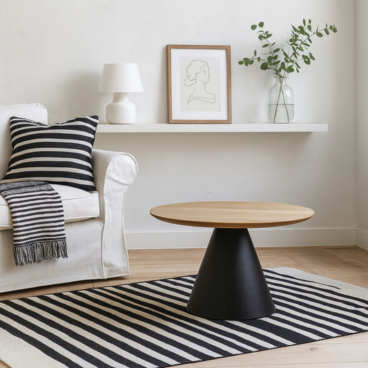 Hamburg Round Oak Veneer Coffee Table Black Steel Pillar Base