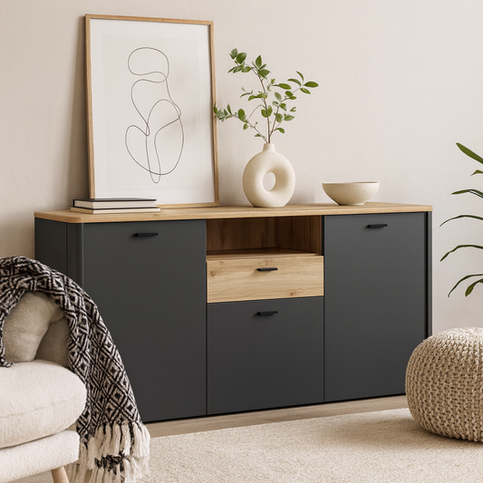 Seville Grey and Natural Oak Wood 3 Door 1 Drawer Sideboard