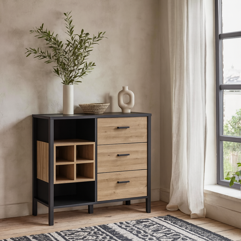 Yokohama Black and Natural Oak Wood 3 Drawer Display Chest Bar Cabinet