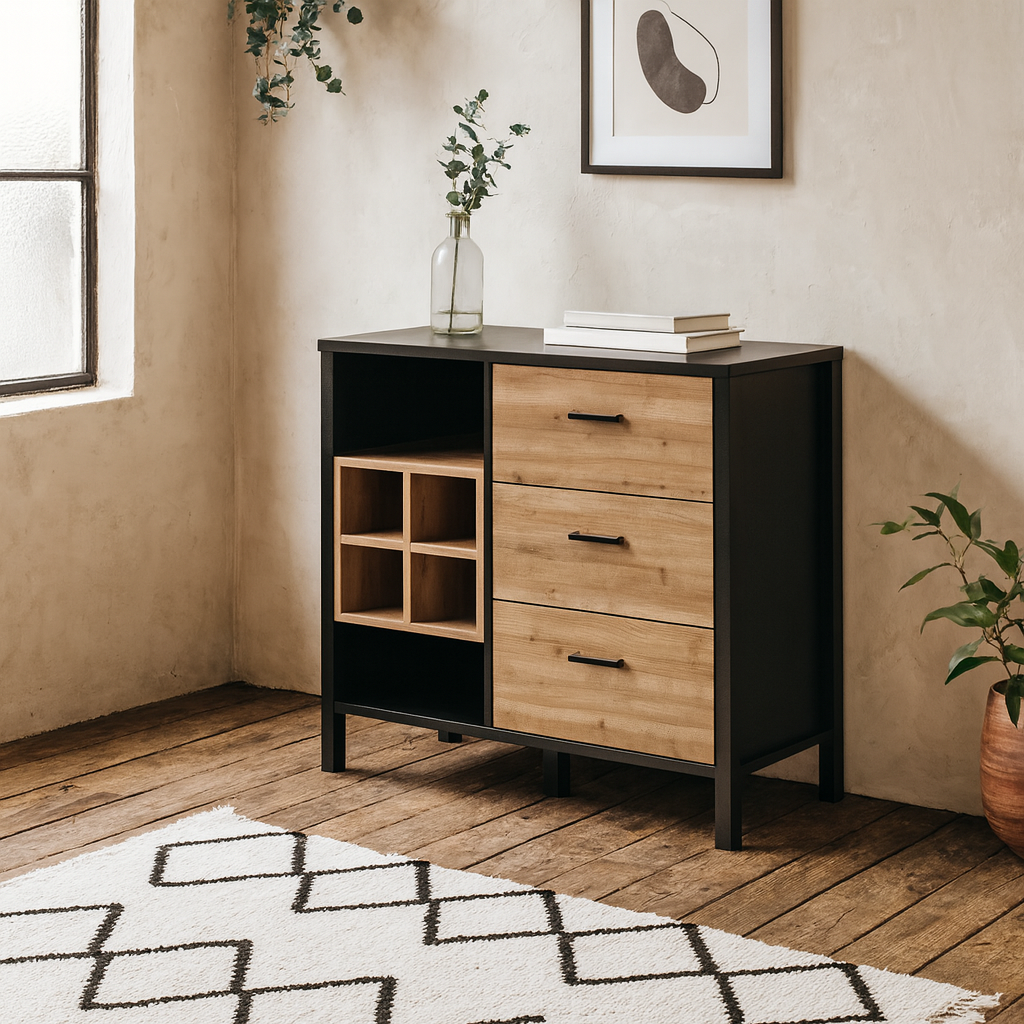 Yokohama Black and Natural Oak Wood 3 Drawer Display Chest Bar Cabinet