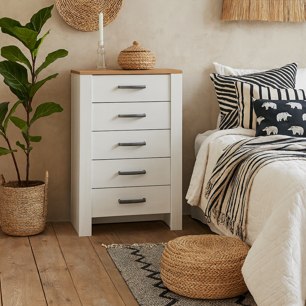 Kyoto White and Natural Oak Wood 5 Drawer Narrow Storage Chest