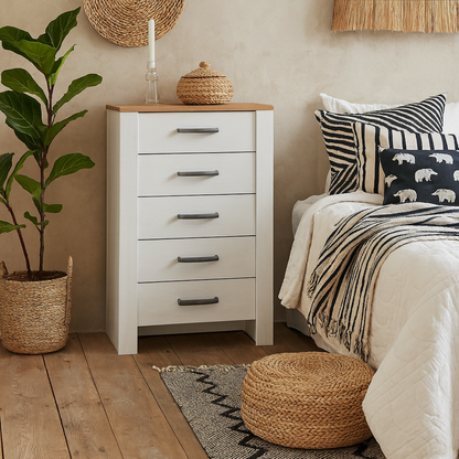 Kyoto White and Natural Oak Wood 5 Drawer Narrow Storage Chest