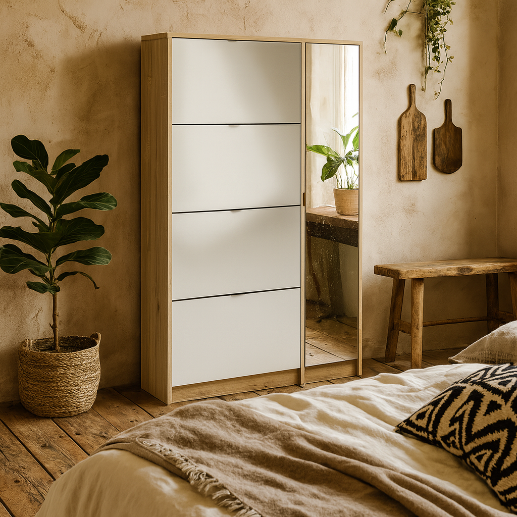 Prague Natural Oak Effect Shoe Cabinet 4 Flip Down Doors Mirror Door