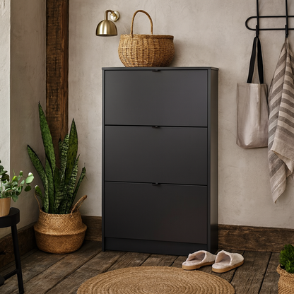 Prague Black Shoe Cabinet 3 Flip Down Doors 6 Shelves
