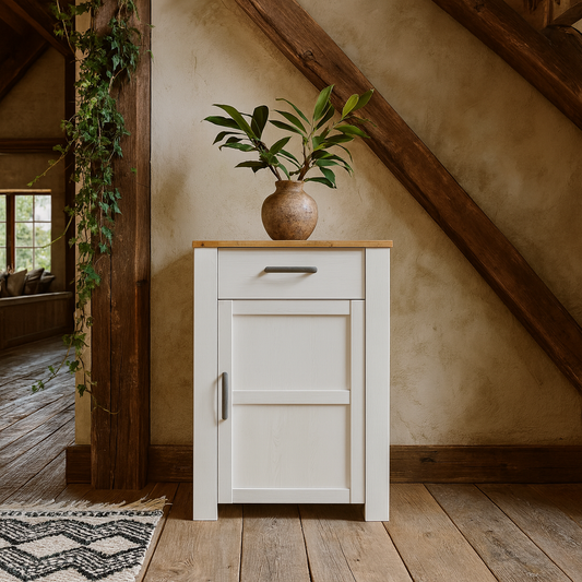 Kyoto White and Natural Oak Wood 1 Door 1 Drawer Shoe Cabinet