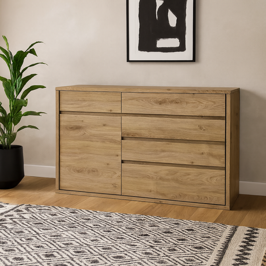 Athens Natural Oak Wood Effect 1 Door 5 Drawer Storage Chest
