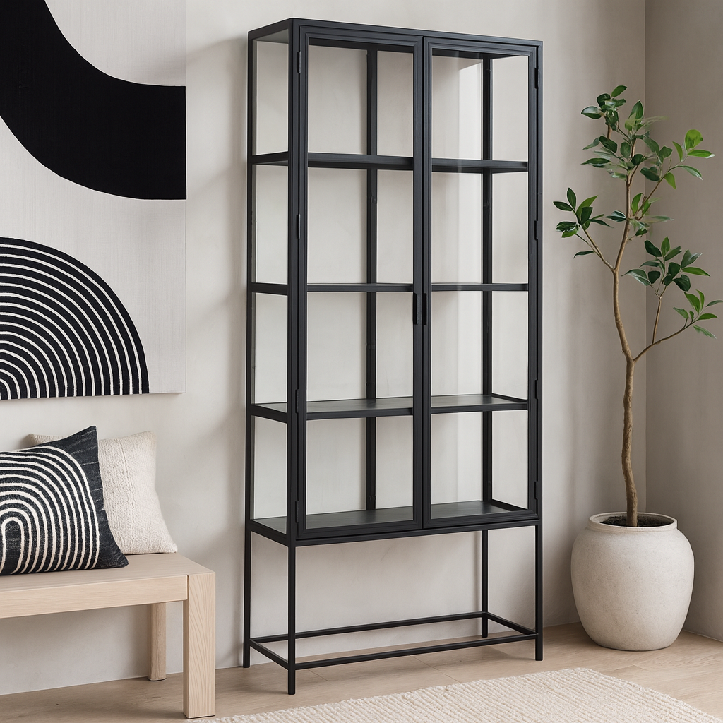 Taipei Tall Black Metal 2 Door Display Bookcase Cabinet