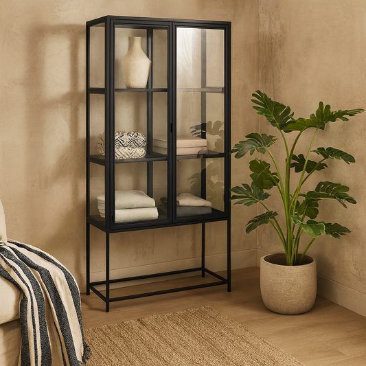 Taipei Black 2 Glass Door Display Bookcase Cabinet