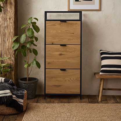 Taipei Black and Oak Wood 3 Drawer Shoe Cabinet