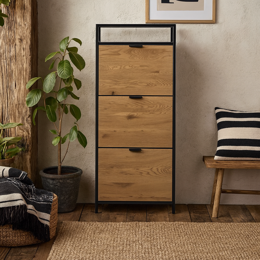 Taipei Black and Oak Wood 3 Drawer Shoe Cabinet