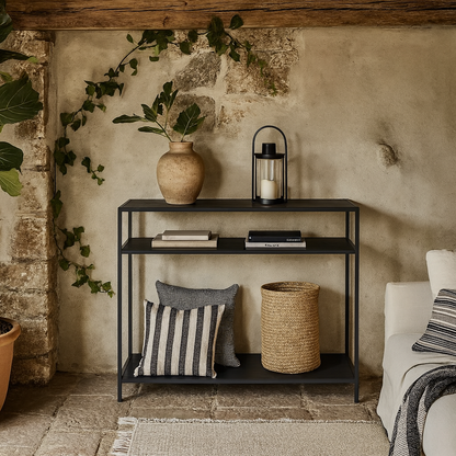 El Paso Black Metal and Wooden Console Table 2 Shelves
