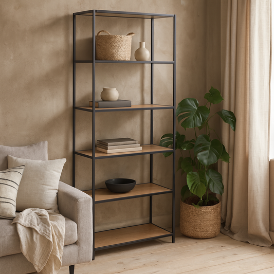 El Paso Tall Black Metal and Wild Oak Veneer Bookcase 5 Shelves