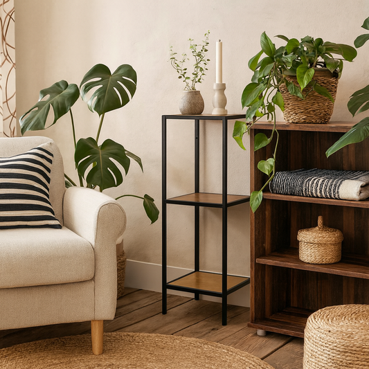 El Paso Small Narrow Black Metal and Wild Oak Veneer Bookcase 2 Shelves