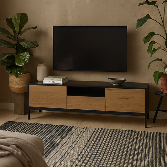 El Paso Black and Wild Oak Veneer TV Unit 2 Doors 1 Drawer