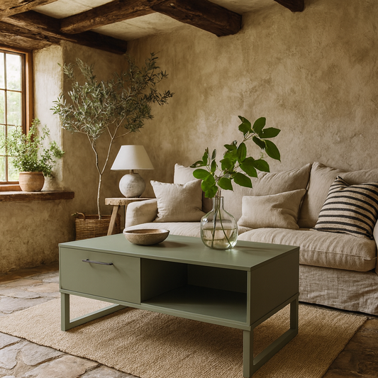 Onyx Sage Green 1 Drawer Coffee Table Open Shelf