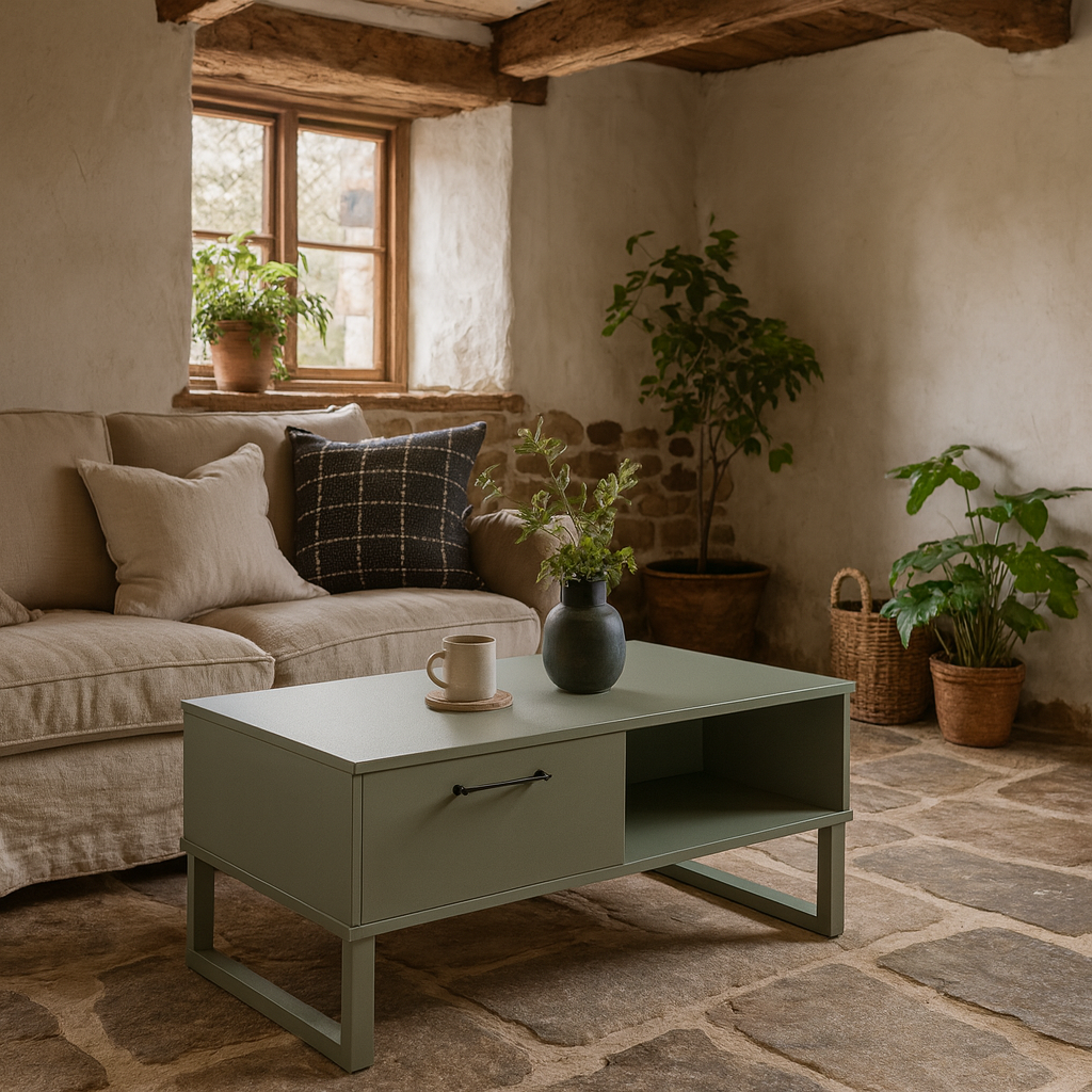 Onyx Sage Green 1 Drawer Coffee Table Open Shelf