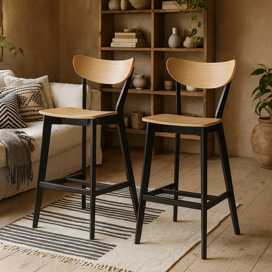 Set of 2 Saffron Black and Natural Oak Veener Bar Stools