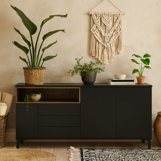 Indigo Sideboard 3 Drawers 3 Doors Black and Walnut Effect Wood
