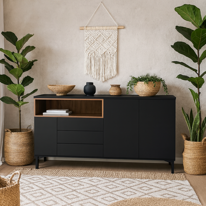 Indigo Sideboard 3 Drawers 3 Doors Black and Walnut Effect Wood