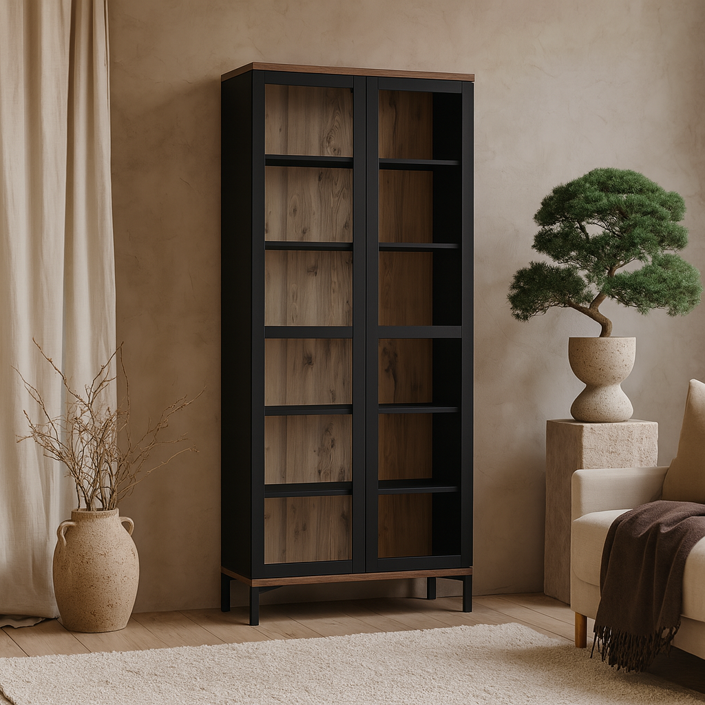 Indigo Large Display Cabinet 2 Doors Glazed Black and Walnut Effect Wood 5 Shelves